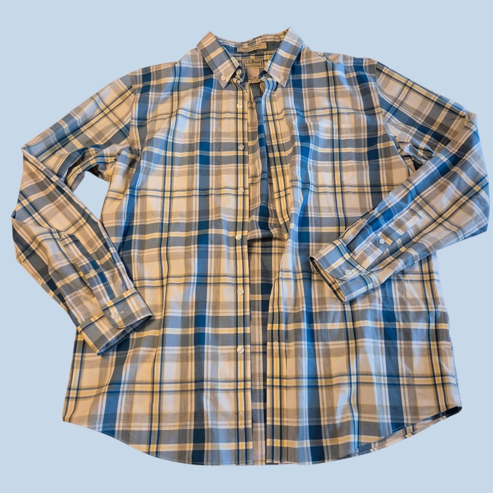 L.L. Bean Blue and White Plaid Button Down Shirt Mens L